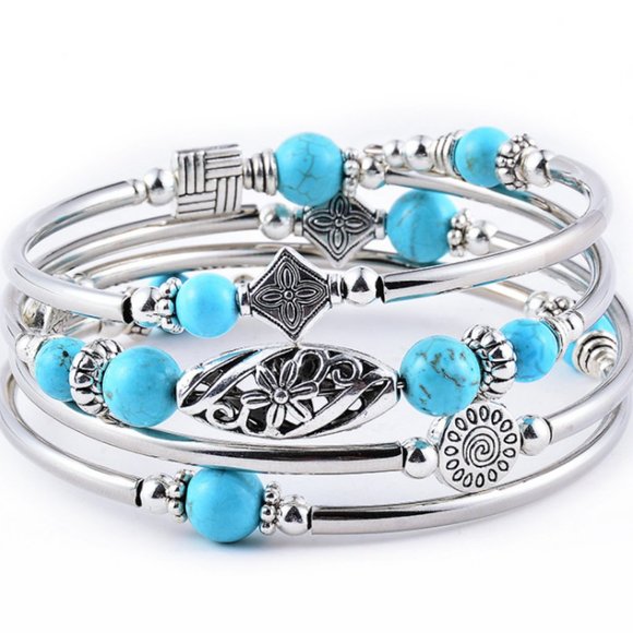 Women's Multi Circle Winding 4 Layer Natural Cascade Charm Bracelet - Adjustable - Picture 3 of 4